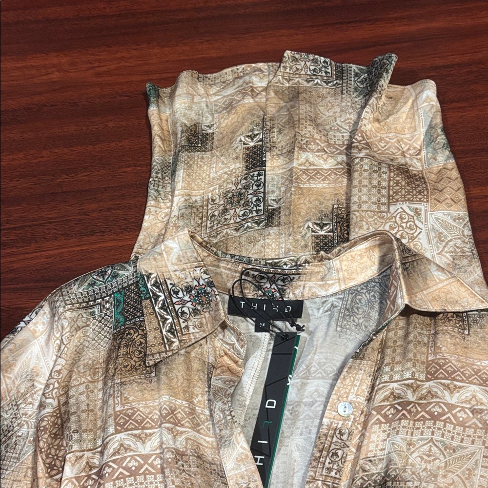 THIRD brown cream patterned button-up dress